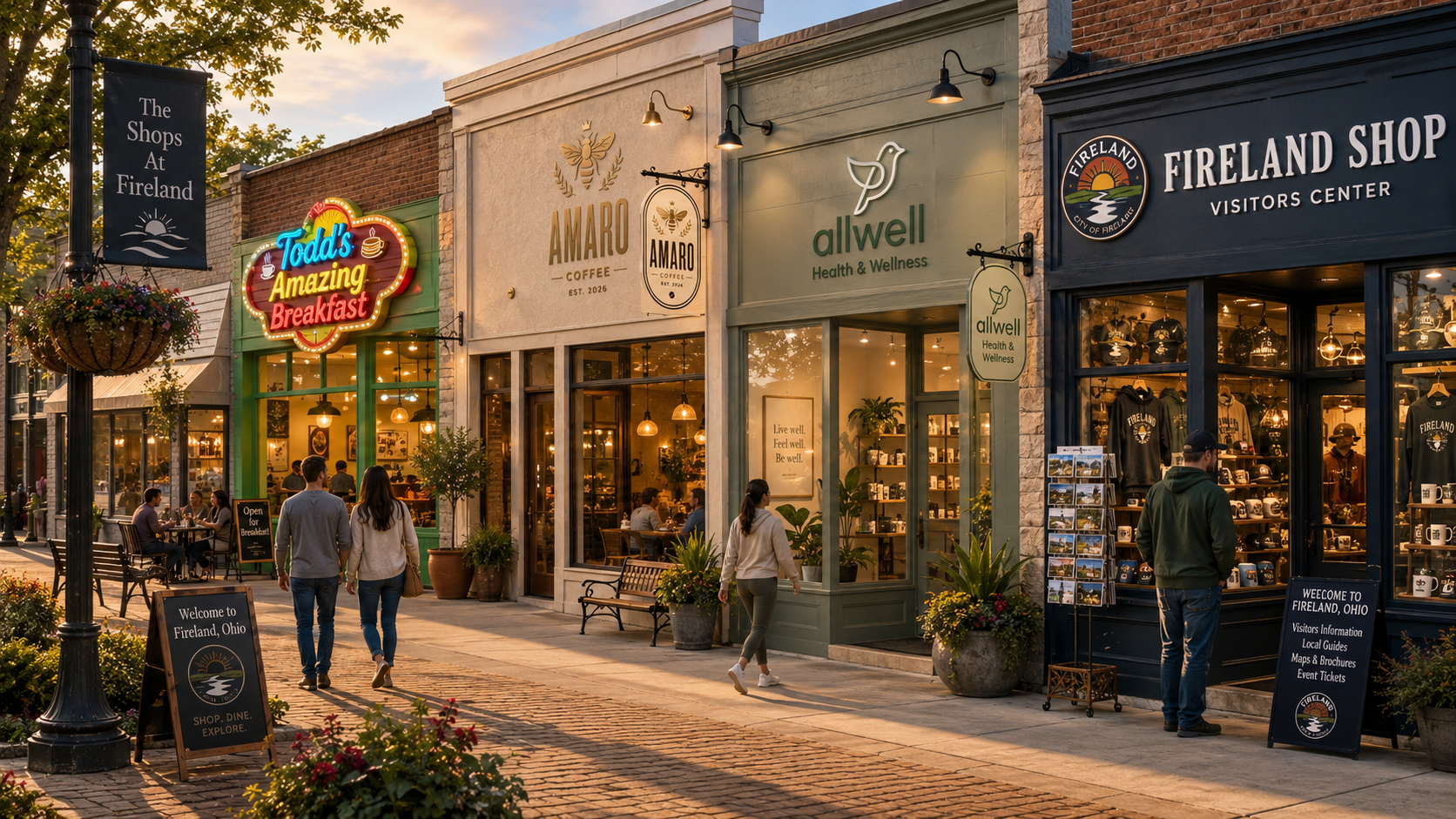 The Shops at Fireland — a row of independent storefronts on Maple Street